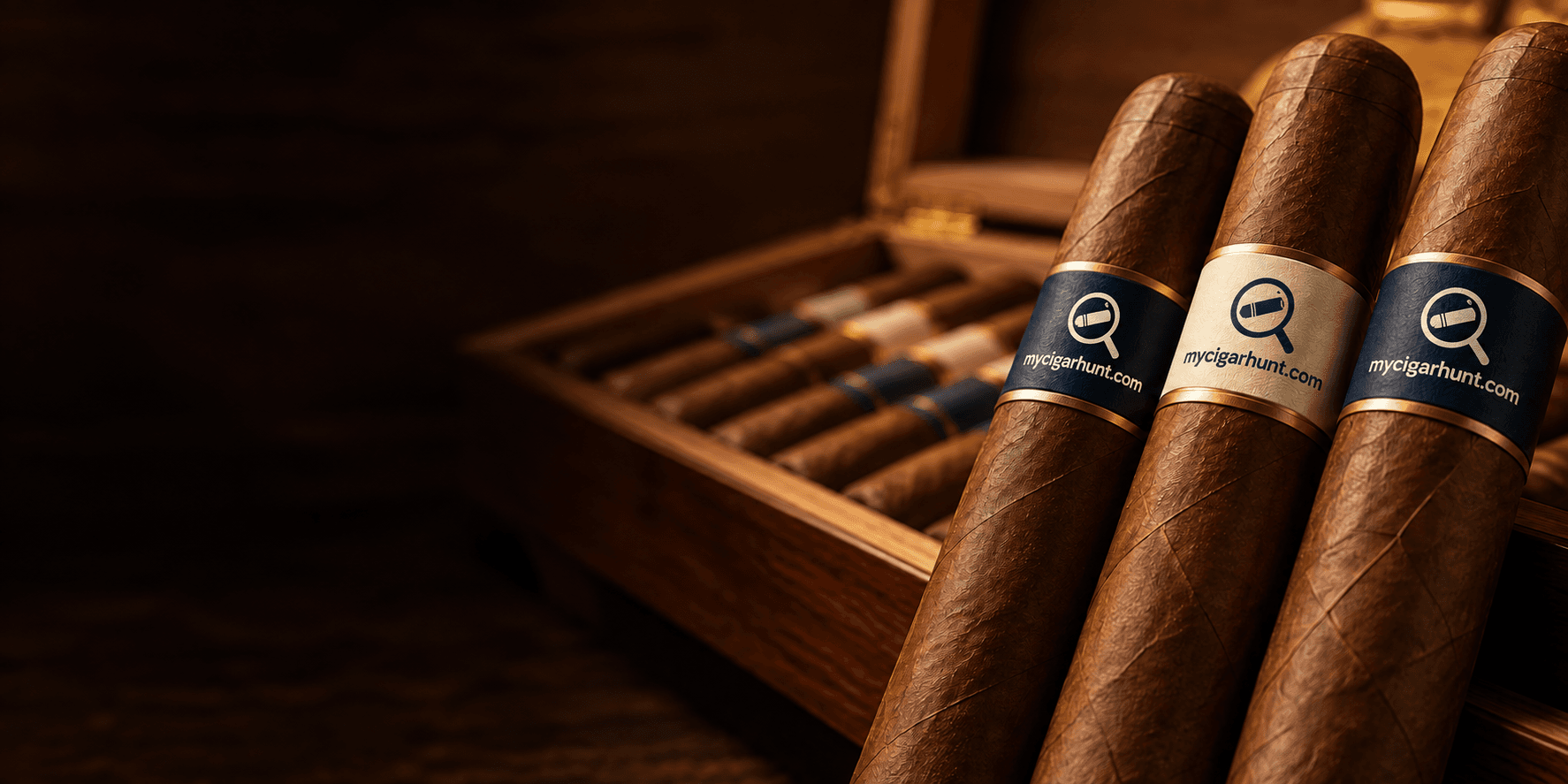 Editorial cigar composition with fictional MyCigarHunt bands in a cedar humidor